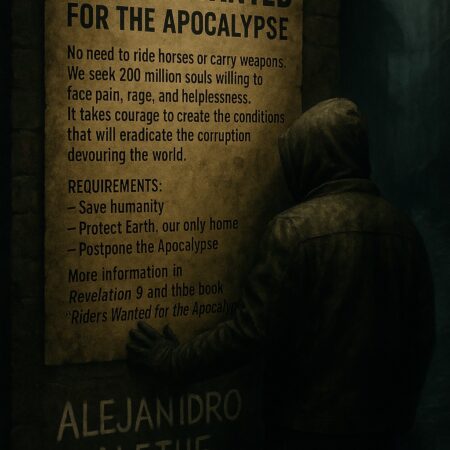 RIDERS WANTED FOR THE APOCALYPSE This novel dives into the decay of institutions and the depths of power. It looks at the thin line between justice and corruption, between the end of the world and its delay. A call for help: the world can no longer trust justice nor the authorities. Eliminate those who destroy the world and lead us to the Apocalypse. Act when everyone else is silent. 200 million souls, men and women, will be summoned. They are ordinary people with an extraordinary mission: Who will accept the call?