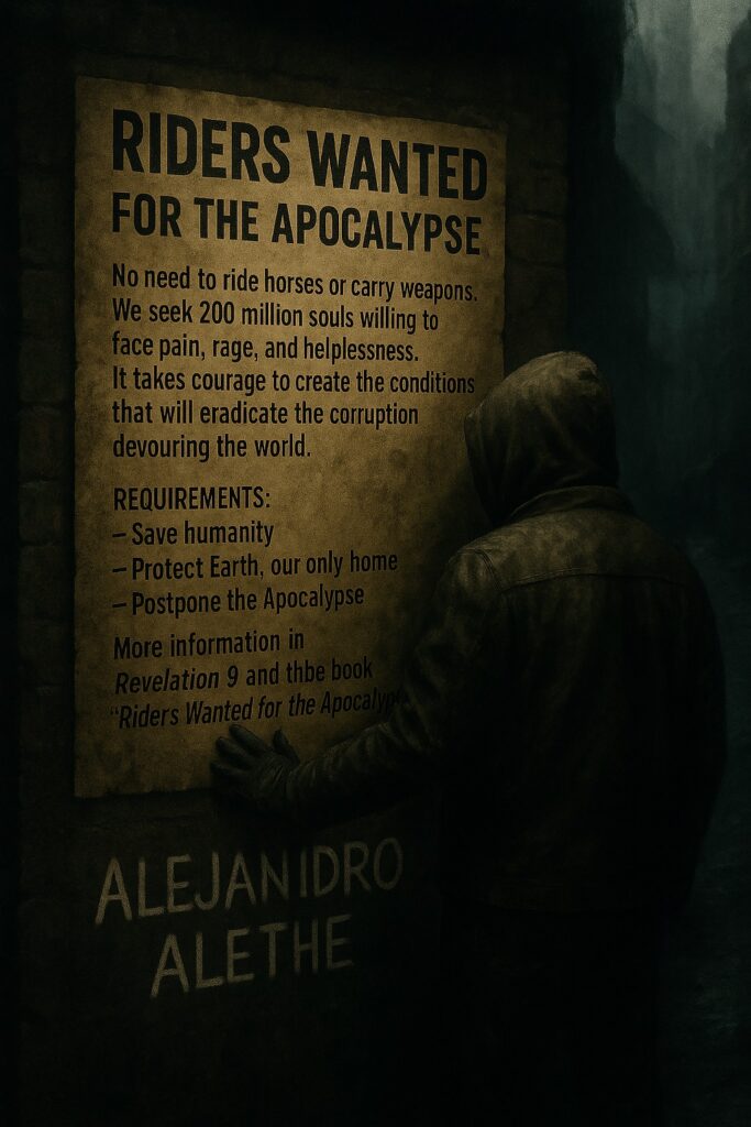 RIDERS WANTED FOR THE APOCALYPSE This novel dives into the decay of institutions and the depths of power. It looks at the thin line between justice and corruption, between the end of the world and its delay. A call for help: the world can no longer trust justice nor the authorities. Eliminate those who destroy the world and lead us to the Apocalypse. Act when everyone else is silent. 200 million souls, men and women, will be summoned. They are ordinary people with an extraordinary mission: Who will accept the call?